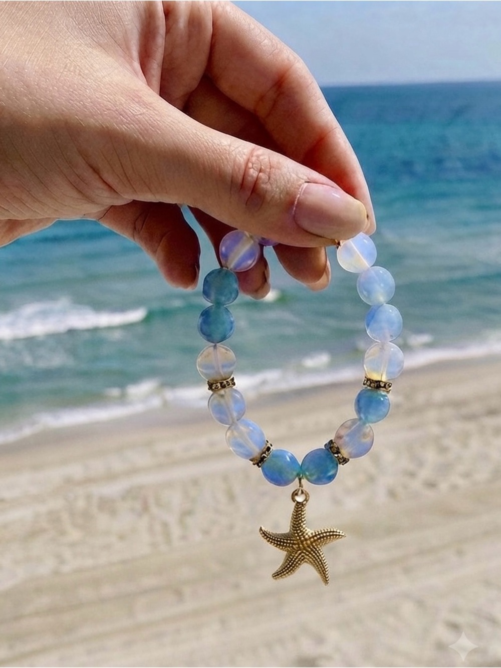 BEADED BRACELET - Gold and Blue Beaded with Starfish charm